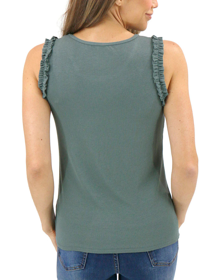 Grace and Lace- Ruffle & Ribbed Tank in Eucalyptus