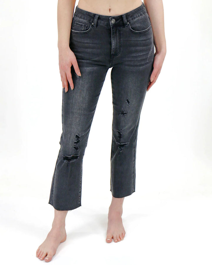 Grace and Lace- Mel's Fave Distressed Straight Leg Cropped Denim in Washed Black