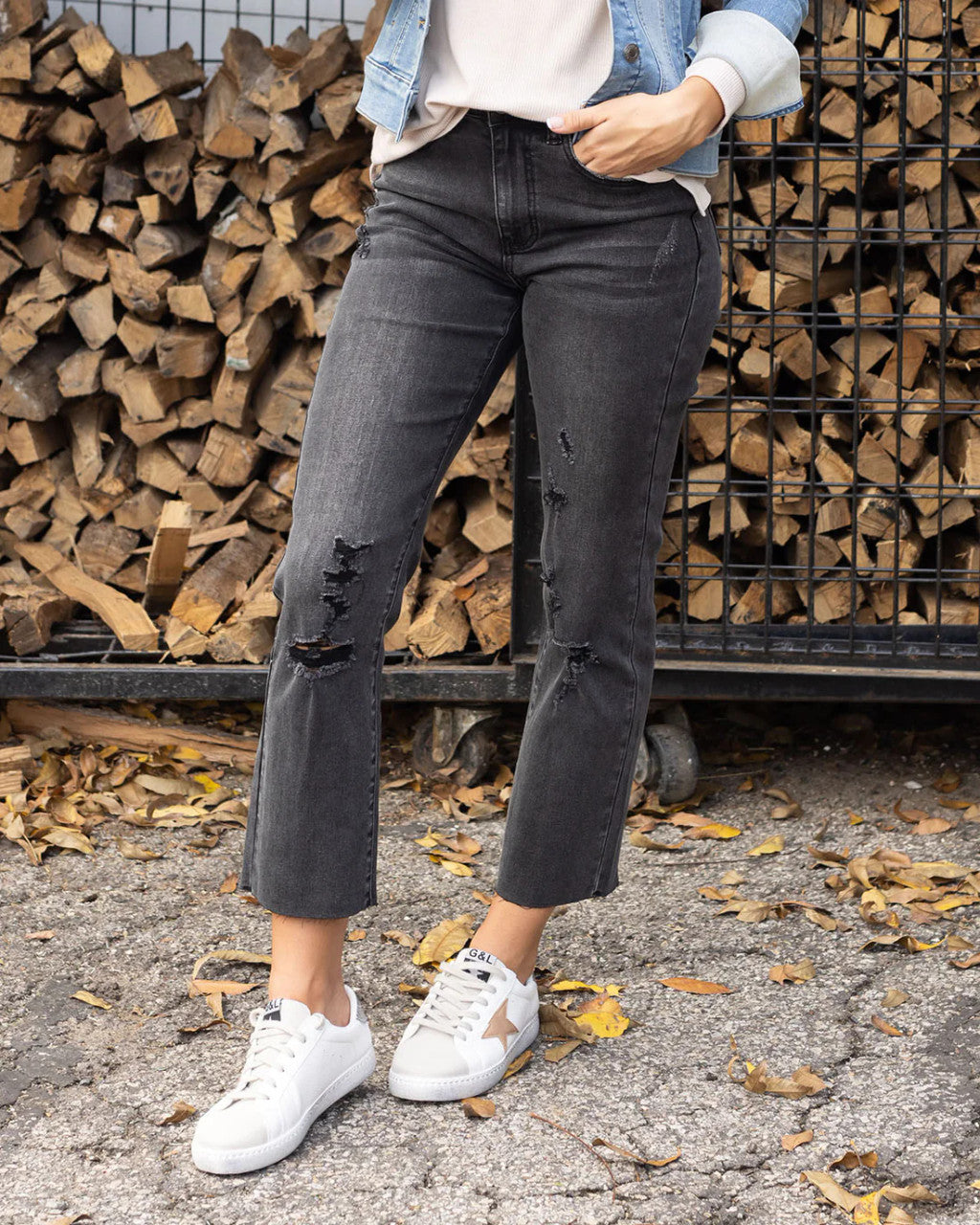 Grace and Lace- Mel's Fave Distressed Straight Leg Cropped Denim in Washed Black