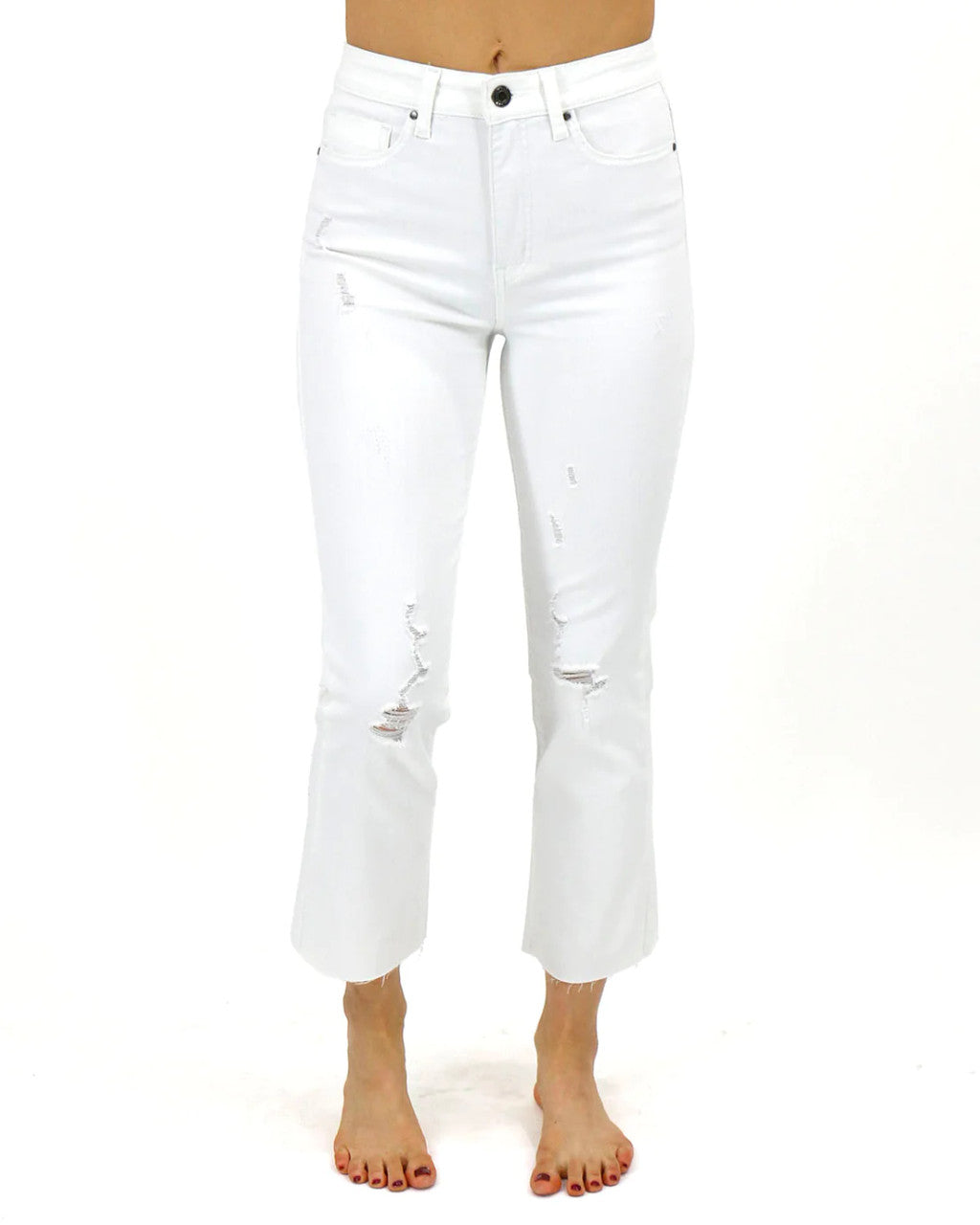 Grace and Lace- Mel's Fave Distressed Straight Leg Cropped Denim in White