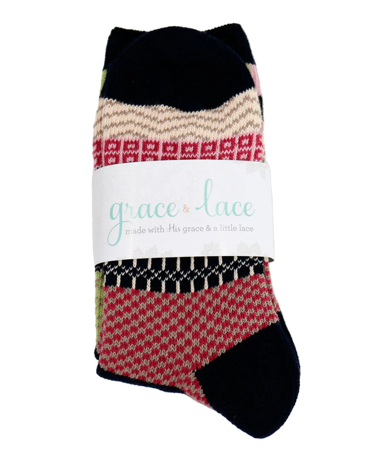 Grace and Lace- Mixed Intarsia Navy/Pink/Lime Socks