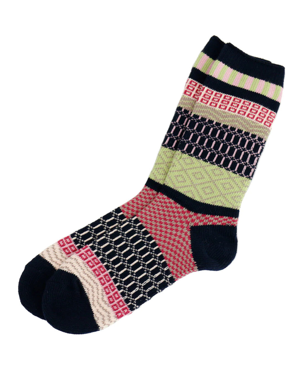 Grace and Lace- Mixed Intarsia Navy/Pink/Lime Socks