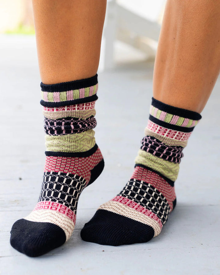 Grace and Lace- Mixed Intarsia Navy/Pink/Lime Socks