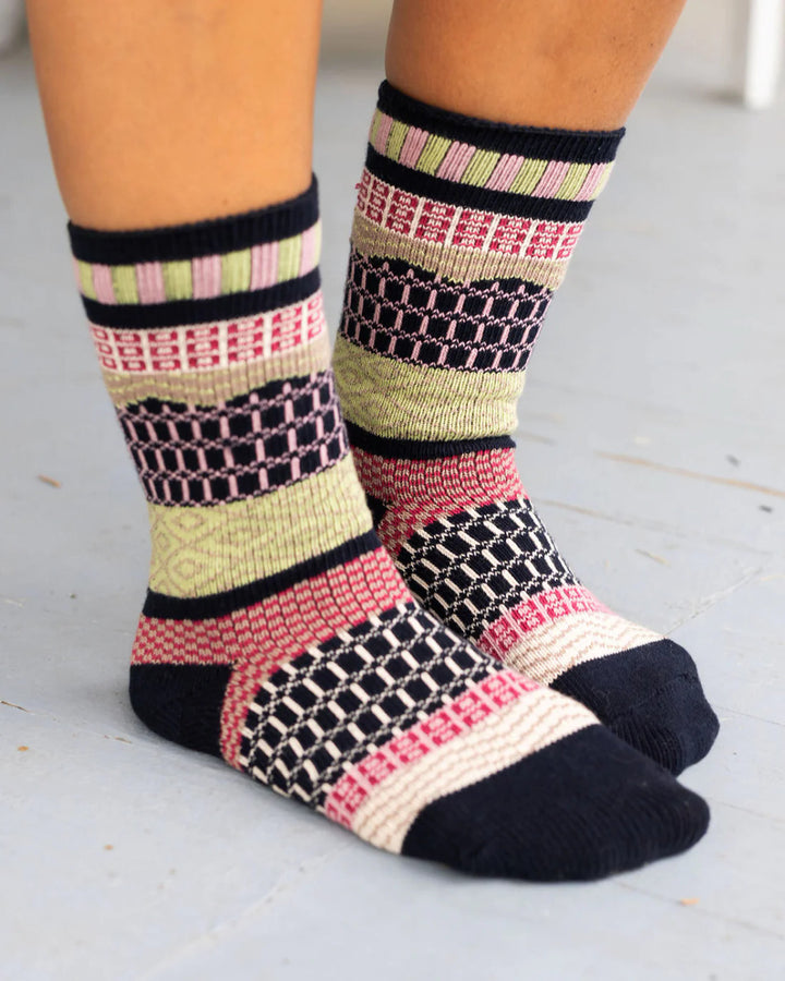 Grace and Lace- Mixed Intarsia Navy/Pink/Lime Socks