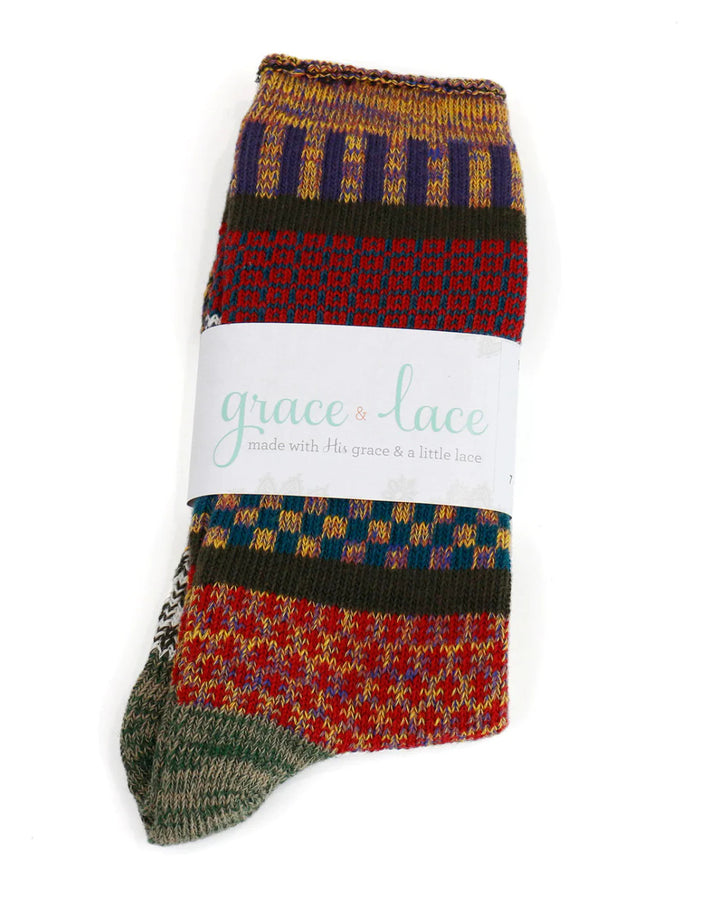 Grace and Lace- Mixed Intarsia Rust/Olive/Purple Socks