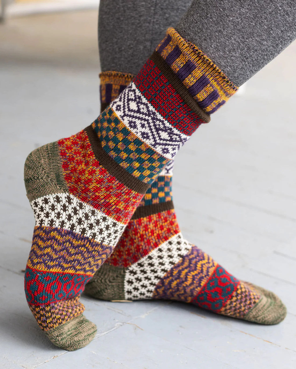 Grace and Lace- Mixed Intarsia Rust/Olive/Purple Socks