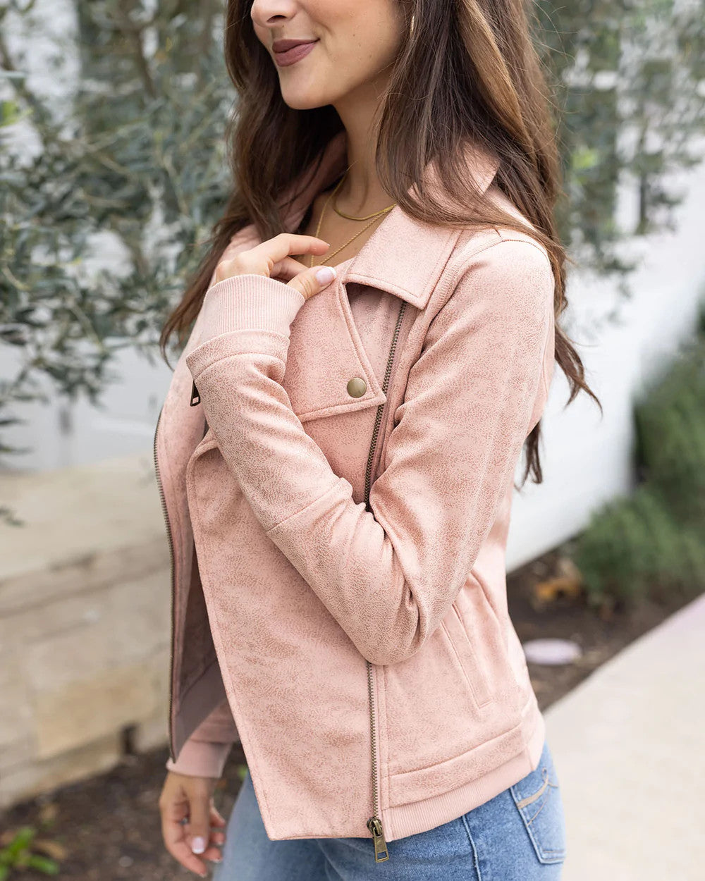 Grace and Lace Move Free Leather Like Moto Jacket - Blush