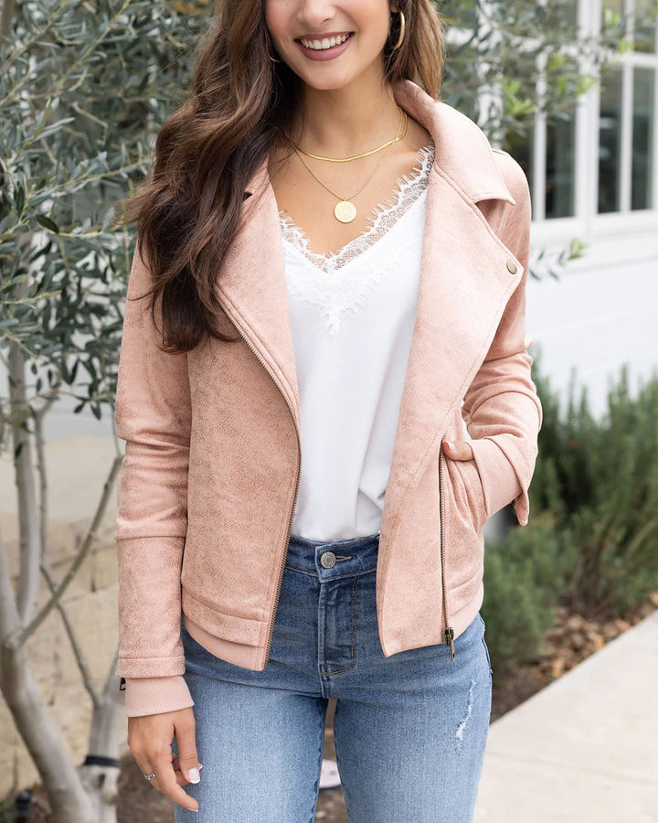 Grace and Lace Move Free Leather Like Moto Jacket - Blush