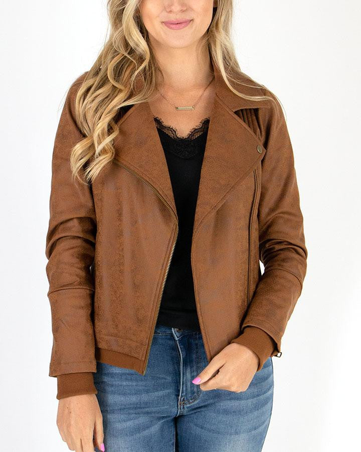 Grace and Lace- Move Free Leather-Like Moto Jacket in Camel