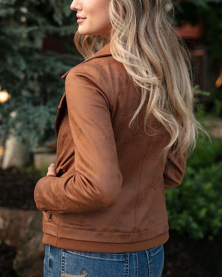 Grace and Lace- Move Free Leather-Like Moto Jacket in Camel