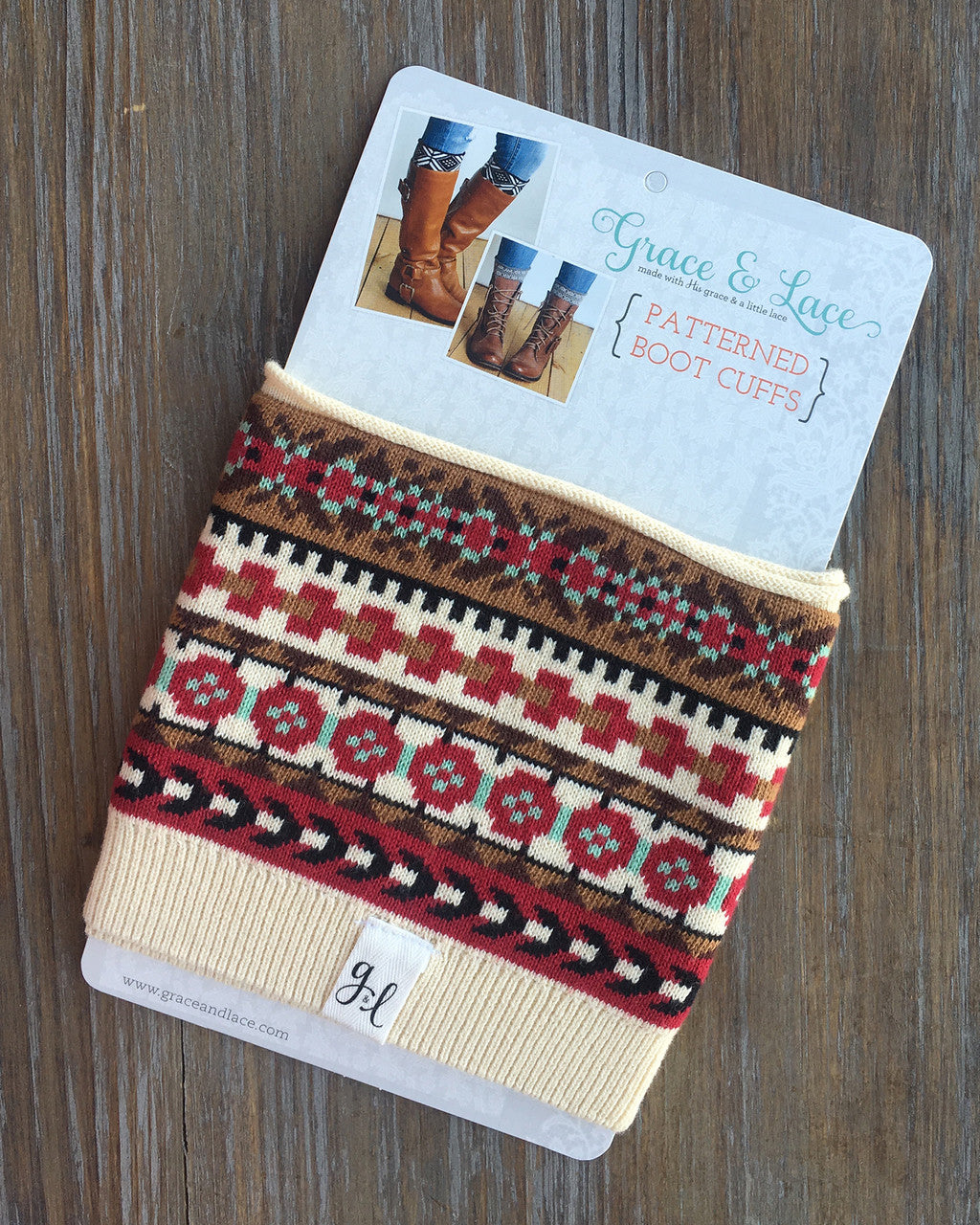 Grace and Lace Patterned Boot Cuffs - Nordic Fair Isle (brown/red/mint)