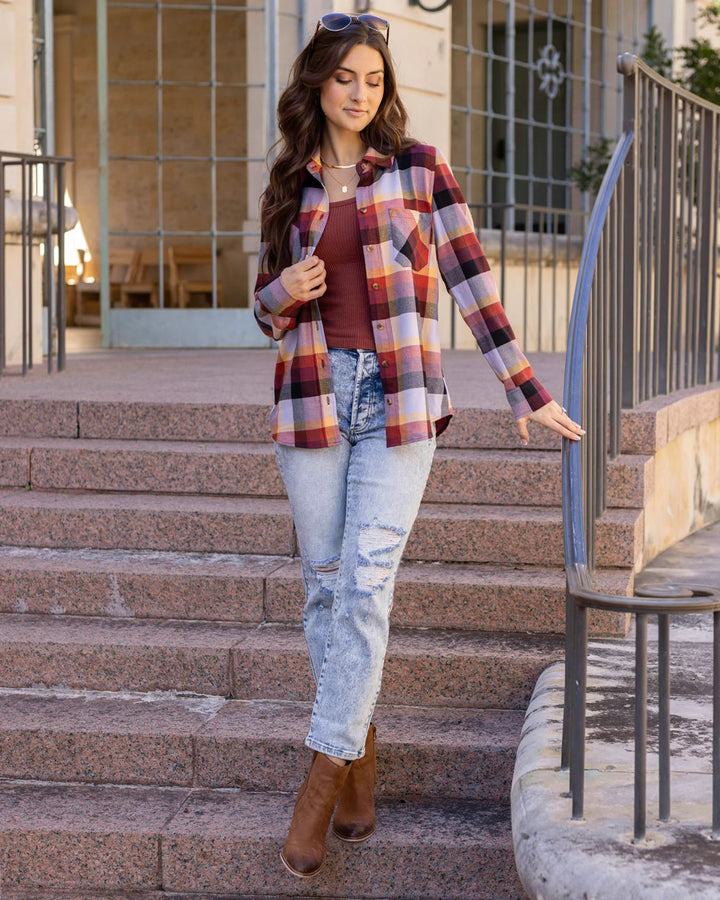 Grace and Lace - Northern Plaid Flannel Top - Sunset Plaid