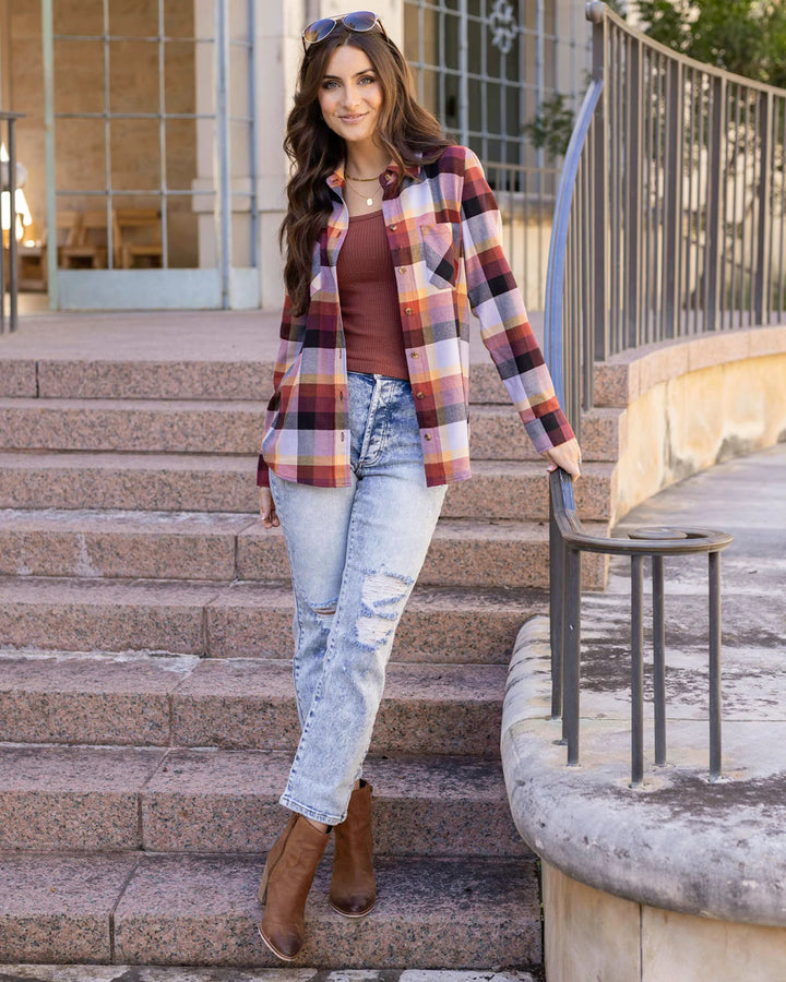 Grace and Lace - Northern Plaid Flannel Top - Sunset Plaid