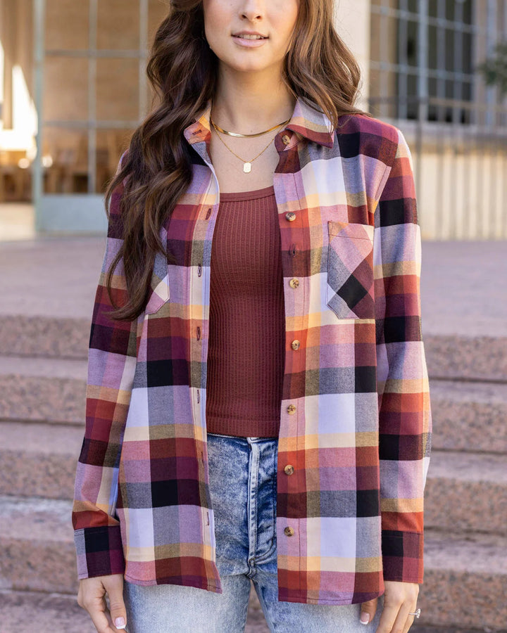 Grace and Lace - Northern Plaid Flannel Top - Sunset Plaid