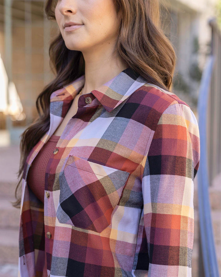 Grace and Lace - Northern Plaid Flannel Top - Sunset Plaid