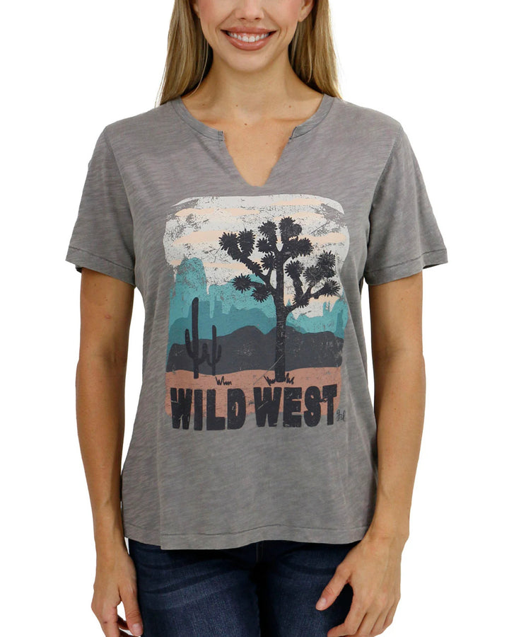 Grace and Lace-Notched Neck Washed & Worn Graphic Tee - Wild West