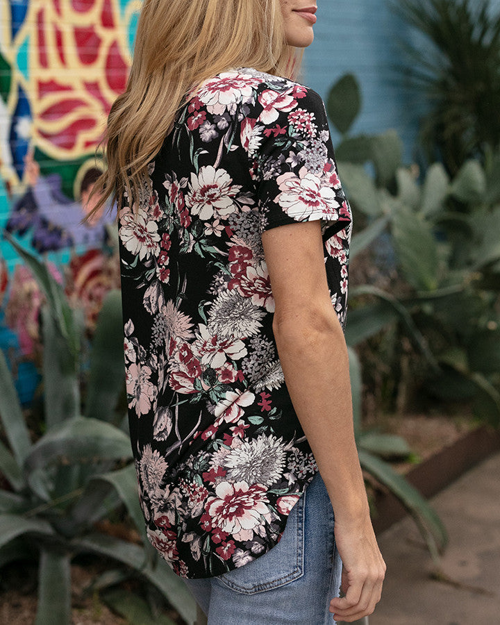 Grace and Lace Perfect Pocket Tee - Short Sleeve - Black Floral