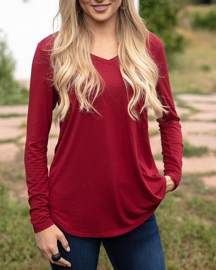 Grace and Lace Long Sleeve Perfect Pocket Tee - Perfect Red