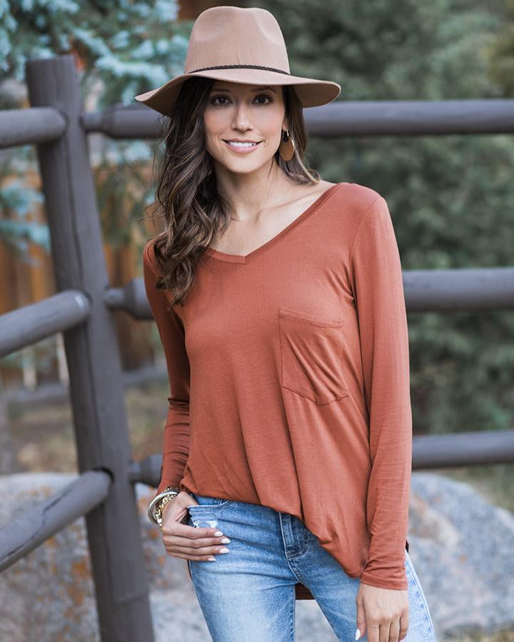 Grace and Lace Long Sleeve Perfect Pocket Tee - Cider