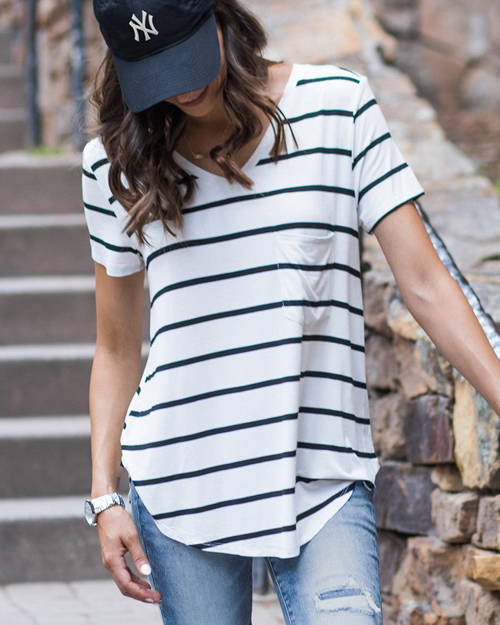 Grace and Lace Perfect Pocket Tee - Short Sleeve - BWStripe