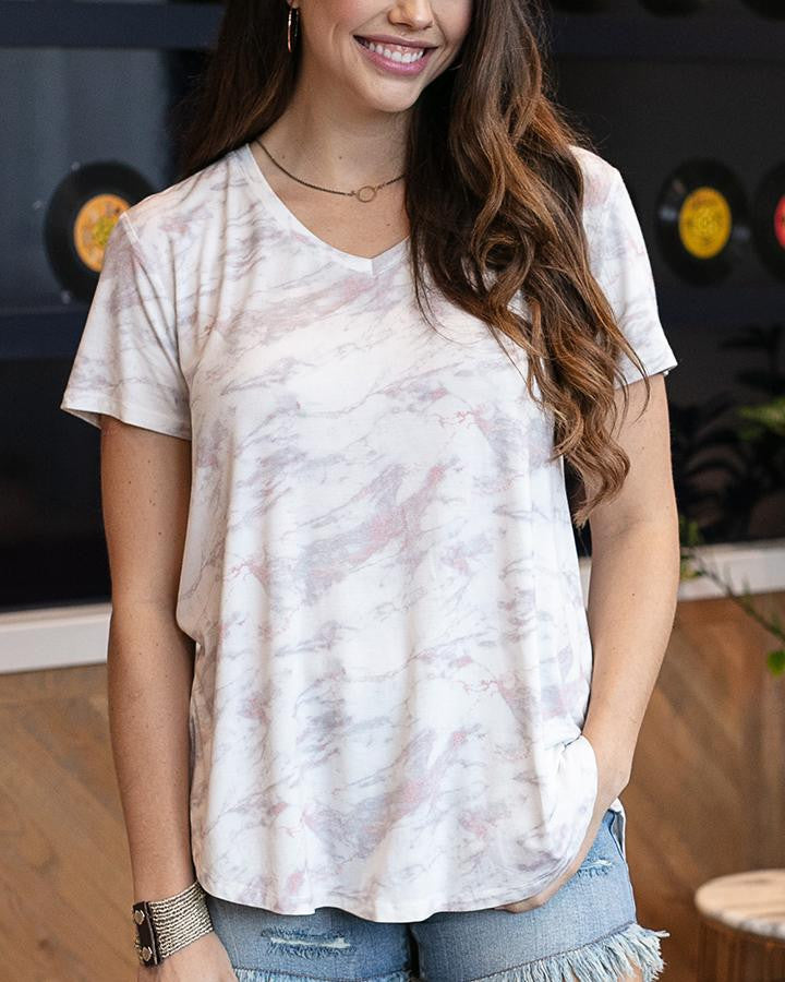 Grace and Lace Perfect V-Neck Tee in Fashion Prints - Blush Marble