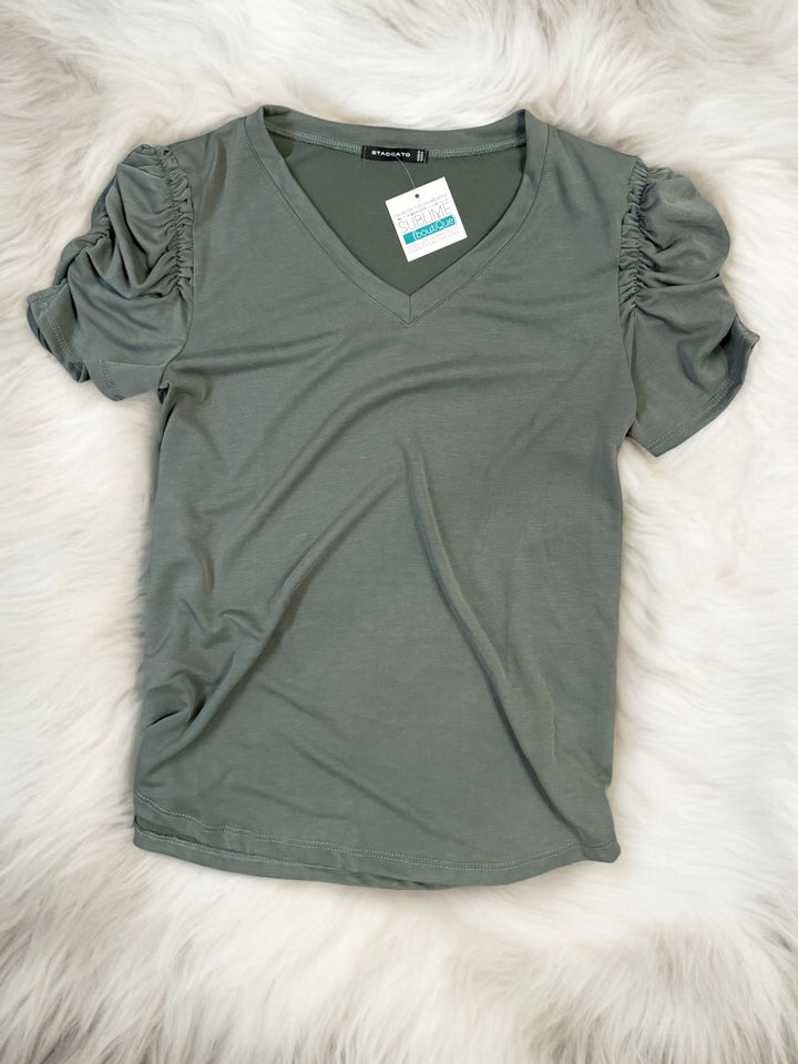 Staccato Gathered Short Sleeve Top - Olive