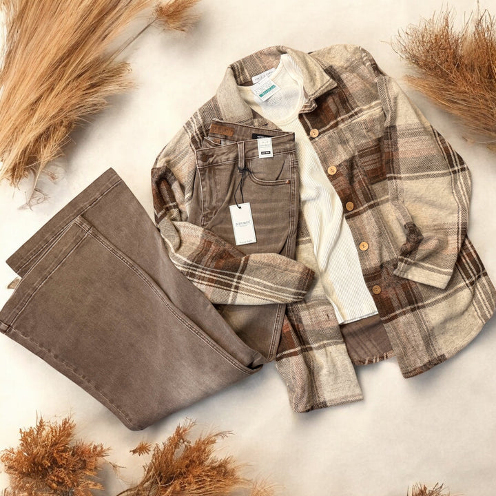 Chris & Carol Soft Plaid Wooden Button Shacket