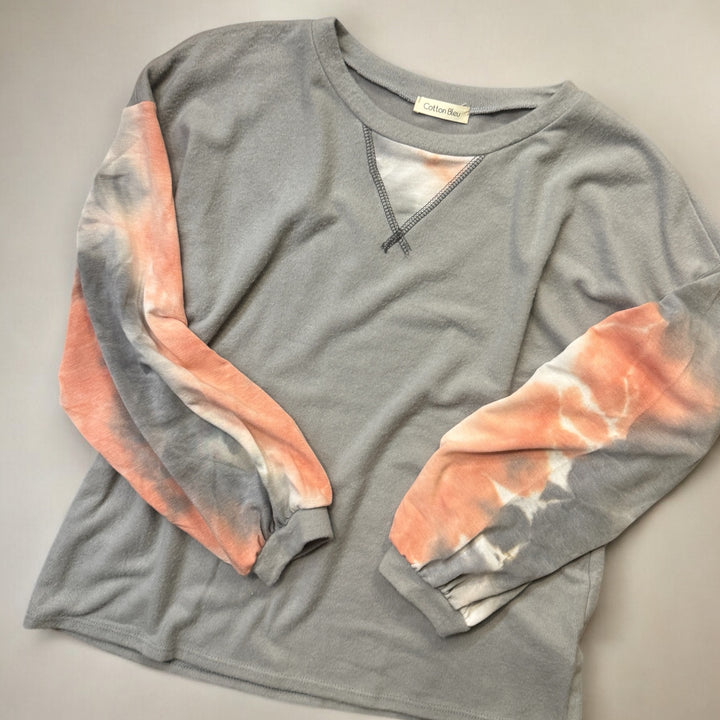 Cotton Bleu Tie Dye Long Sleeve Brushed Knit Top - grey