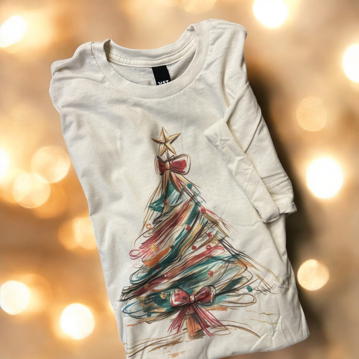 Whimsical Christmas Tree Holiday Red Gold Graphic Tee - Cream