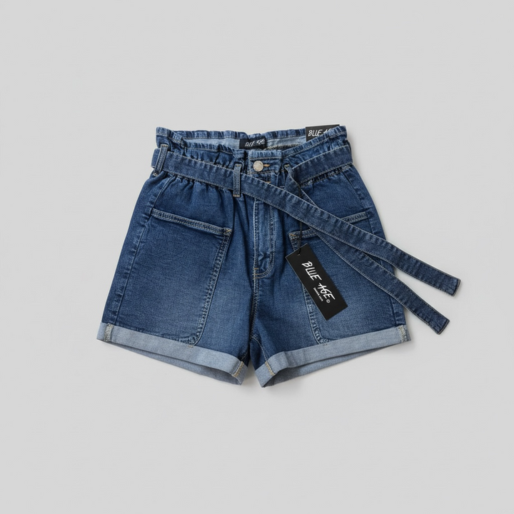 High Waisted Waist Tie Cuffed Denim Shorts