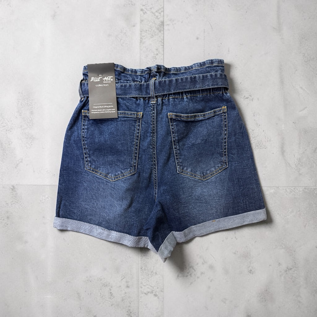 High Waisted Waist Tie Cuffed Denim Shorts