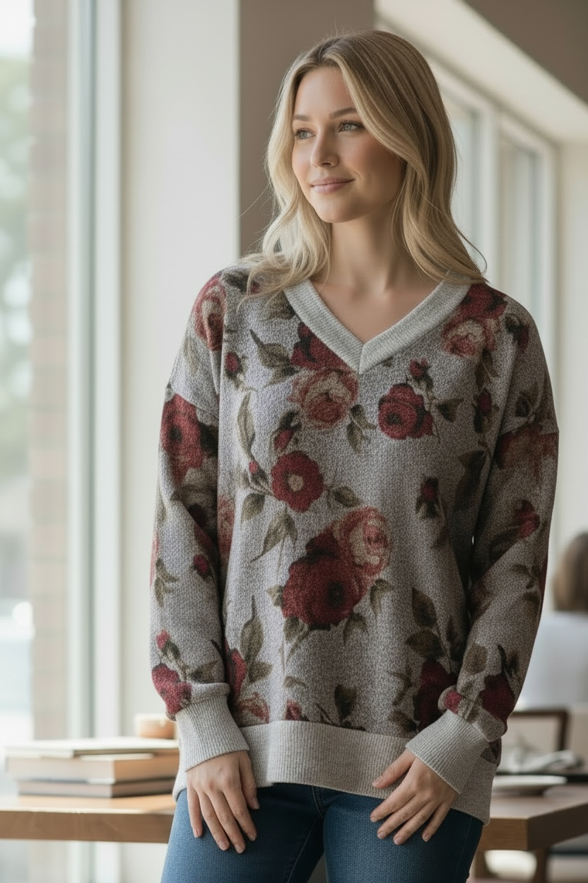 Vintage Rose Cozy Knit Sweatshirt