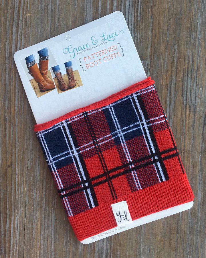 Grace and Lace Patterned Boot Cuffs - Plaid (red/navy)