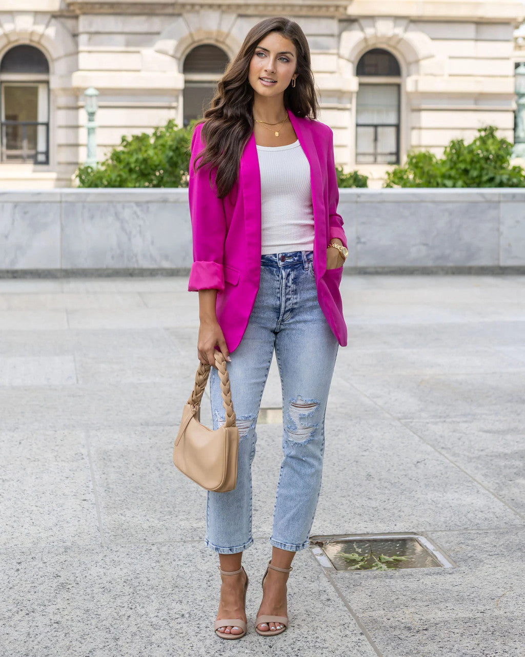 Grace and Lace- Pocketed Fashion Blazer In Magenta