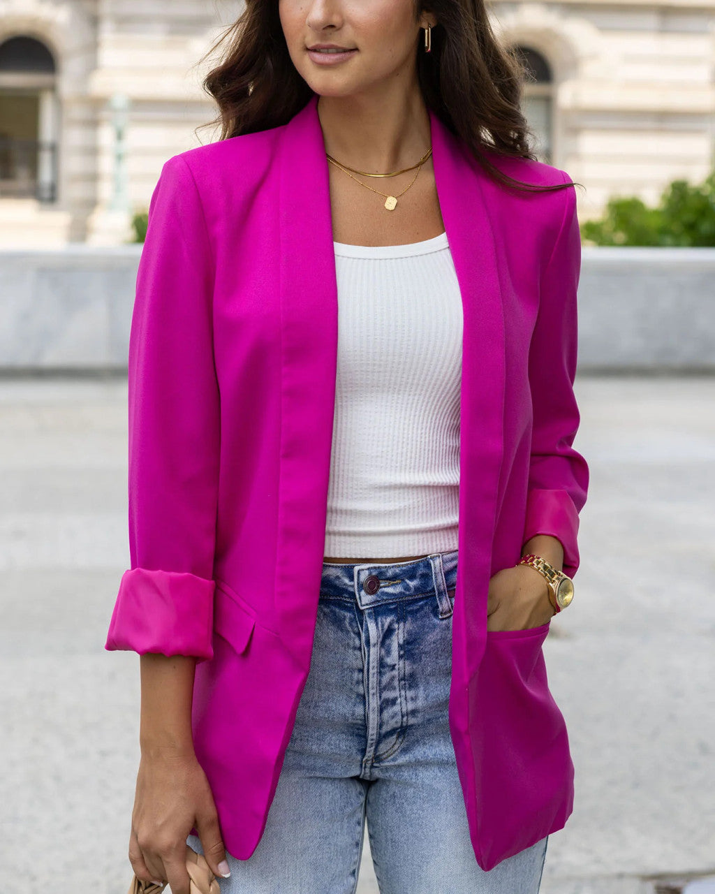 Grace and Lace- Pocketed Fashion Blazer In Magenta