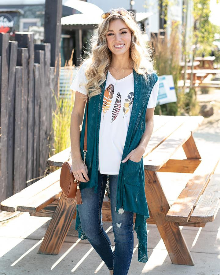 Grace and Lace Pointelle Duster Flip Cardi - Teal