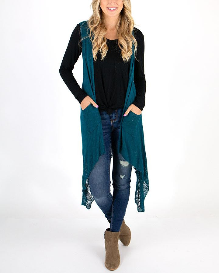 Grace and Lace Pointelle Duster Flip Cardi - Teal