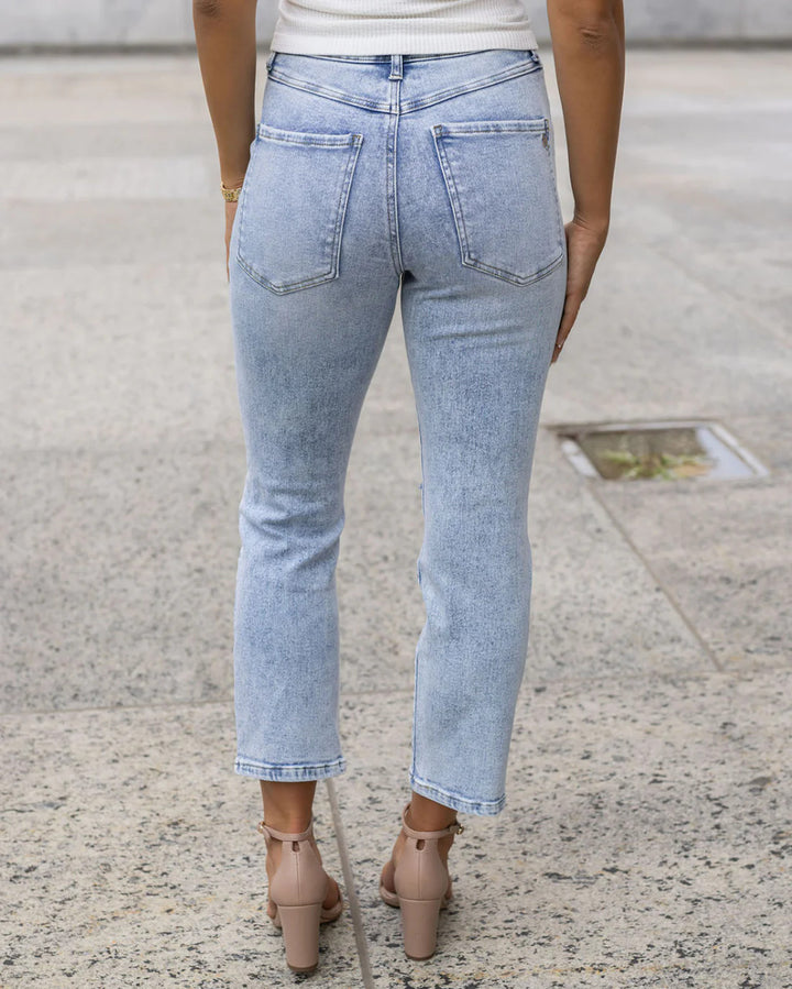 Grace and Lace- Premium Denim High Waisted Mom Jeans - Distressed Light Mid-Wash