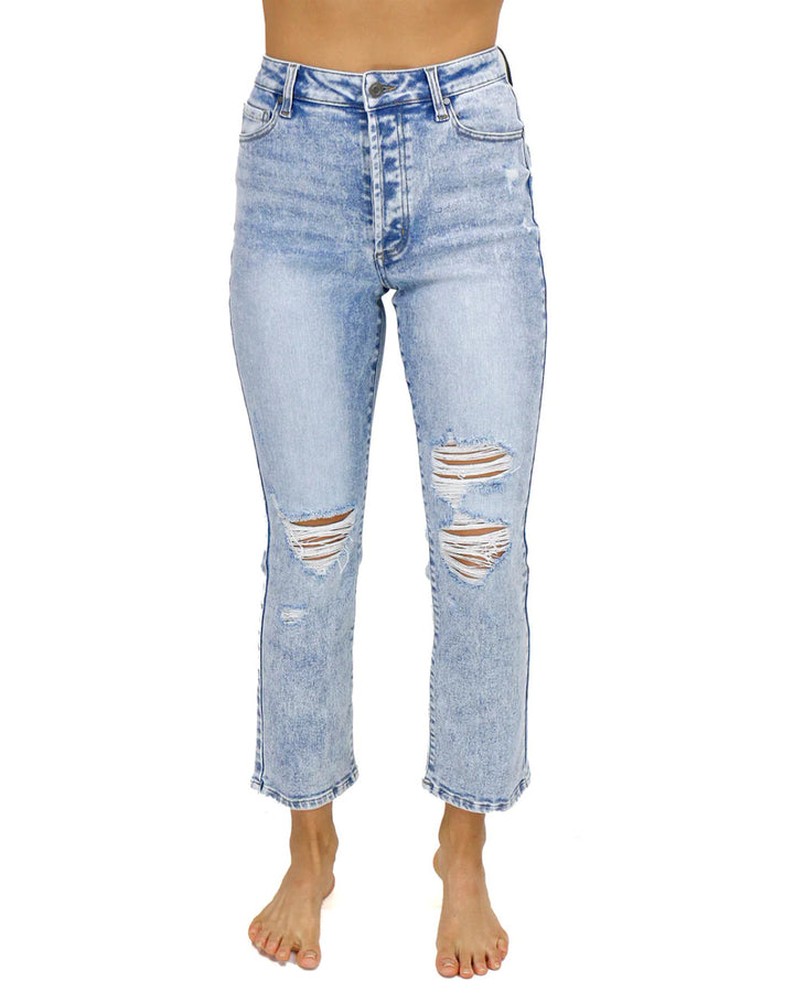 Grace and Lace- Premium Denim High Waisted Mom Jeans - Distressed Light Mid-Wash