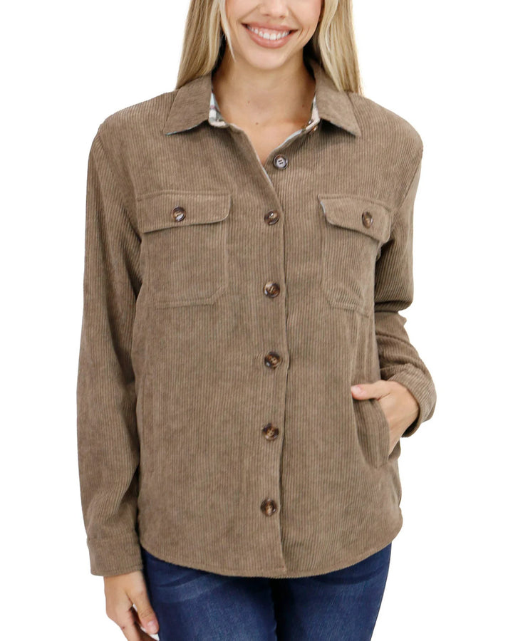 Grace and Lace - Reversible Corduroy Shacket - Tan/Olive Plaid