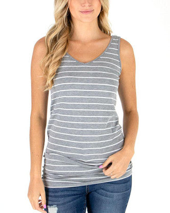 Grace and Lace Reversible Perfect Fit Tank - Grey/Ivory Stripe Original Long