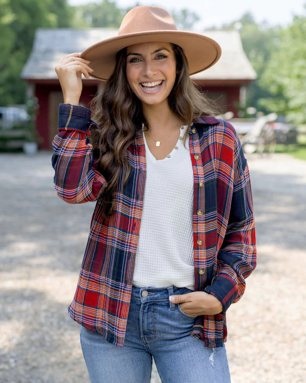 Grace and Lace- Reversible Plaid Shirt - Red/Navy Plaid