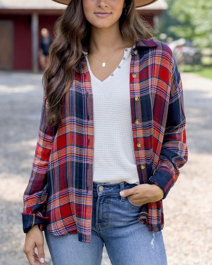 Grace and Lace- Reversible Plaid Shirt - Red/Navy Plaid