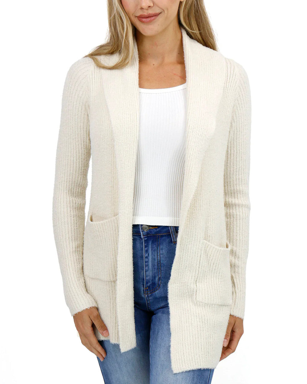 Grace and Lace- Bambü Cowl Neck French White Cardigan