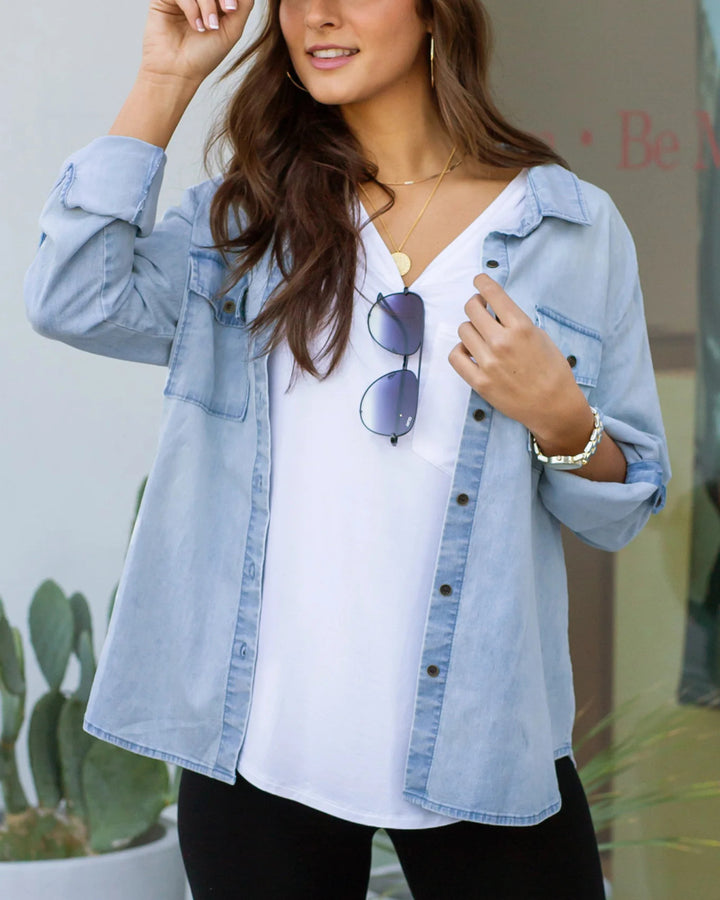 Grace and Lace - Stretch Chambray Button Up - Light-Wash