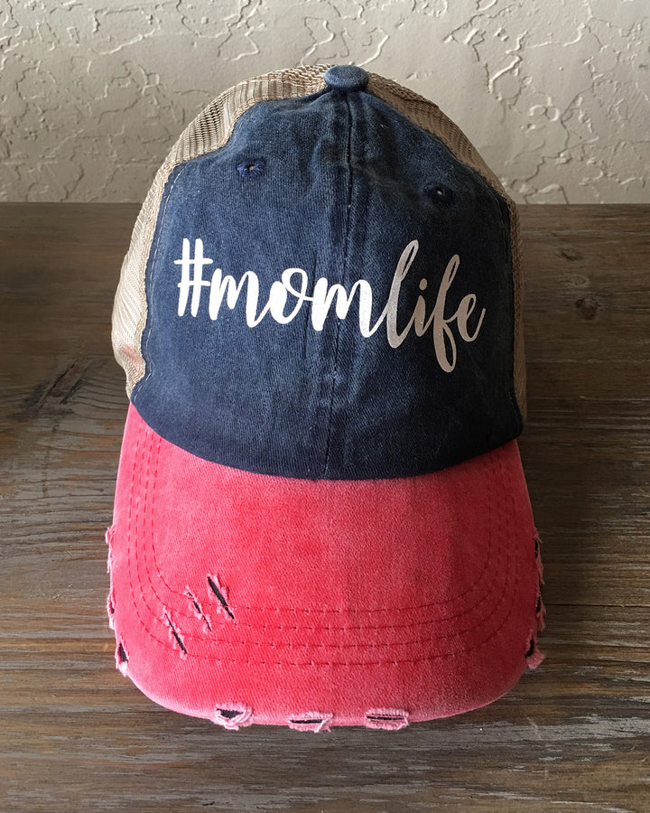 Signature Collection - #momlife Trucker Cap - Distressed Denim and Red