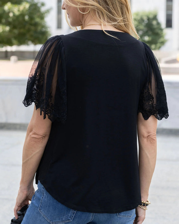 Grace and Lace- Sable Black Lace Sleeve Top