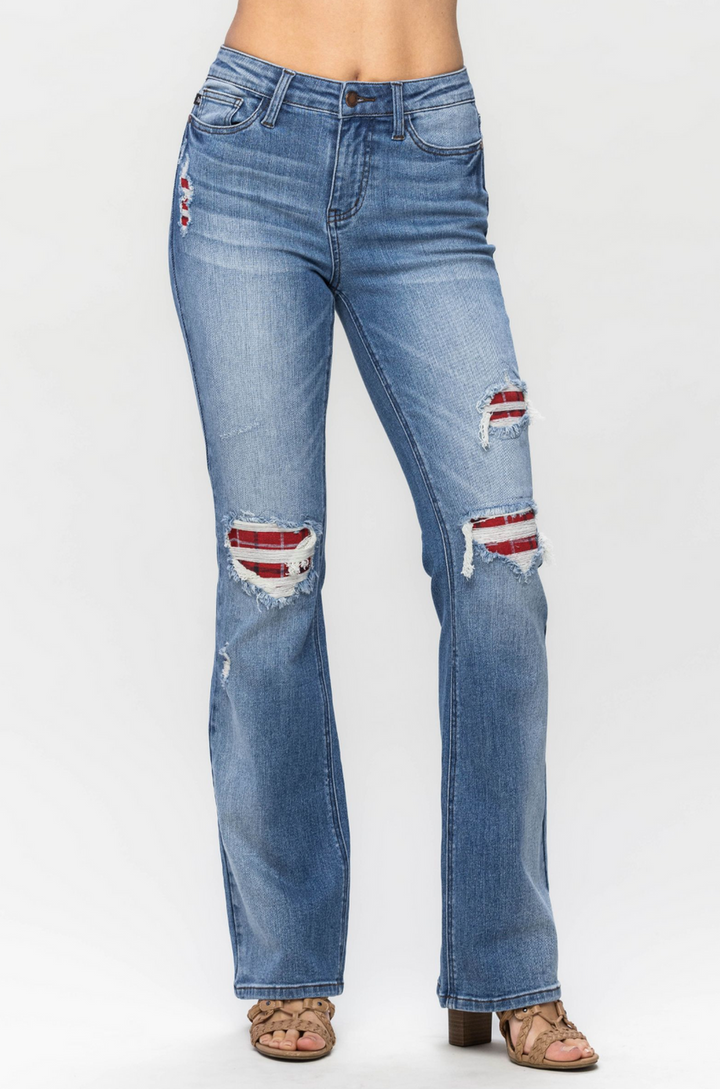 Judy Blue- Mid Rise Plaid Patch Detail Bootcut Jeans - Plus Size