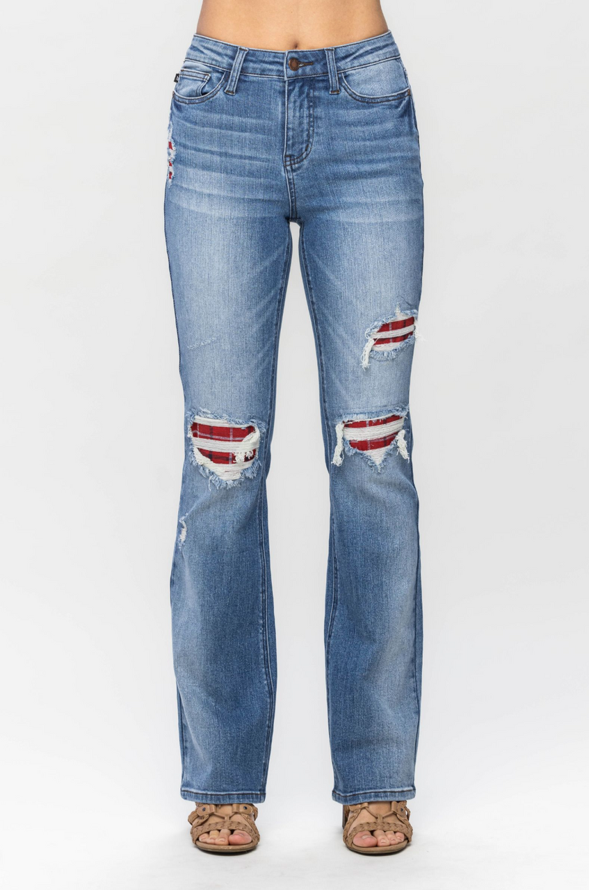 Judy Blue- Mid Rise Plaid Patch Detail Bootcut Jeans - Plus Size