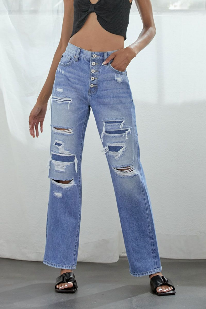 KanCan 90's Boyfriend Button Fly Patched Distressed Jean